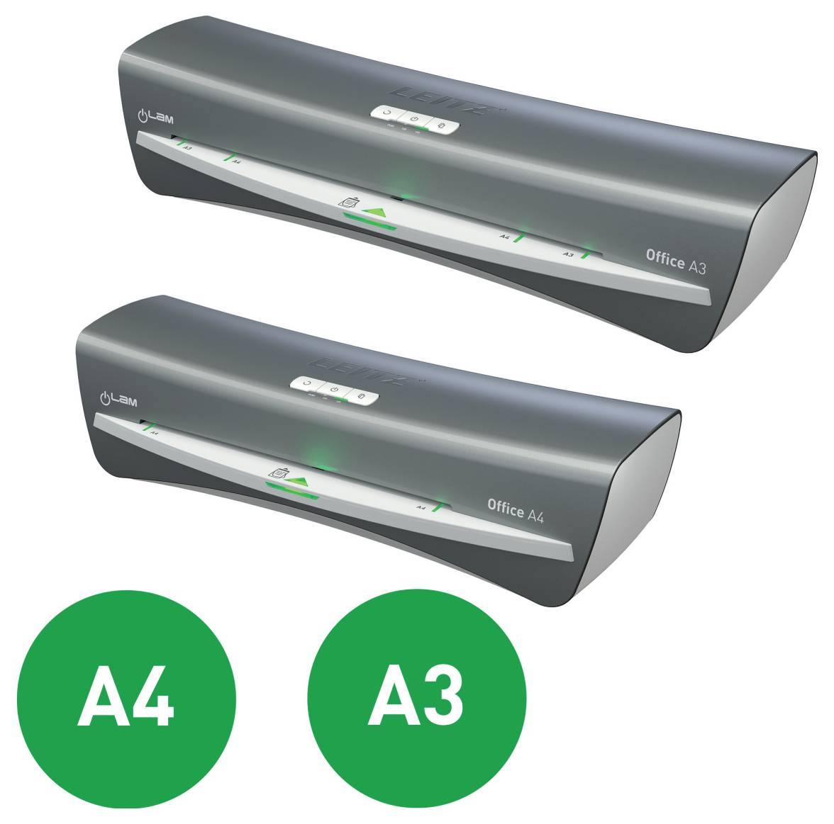 Dva šedé laminátoři označené Office A3 a Office A4. Pod nimi jsou zelené kruhy s bílým textem: A4 a A3, které označují možnosti velikosti.