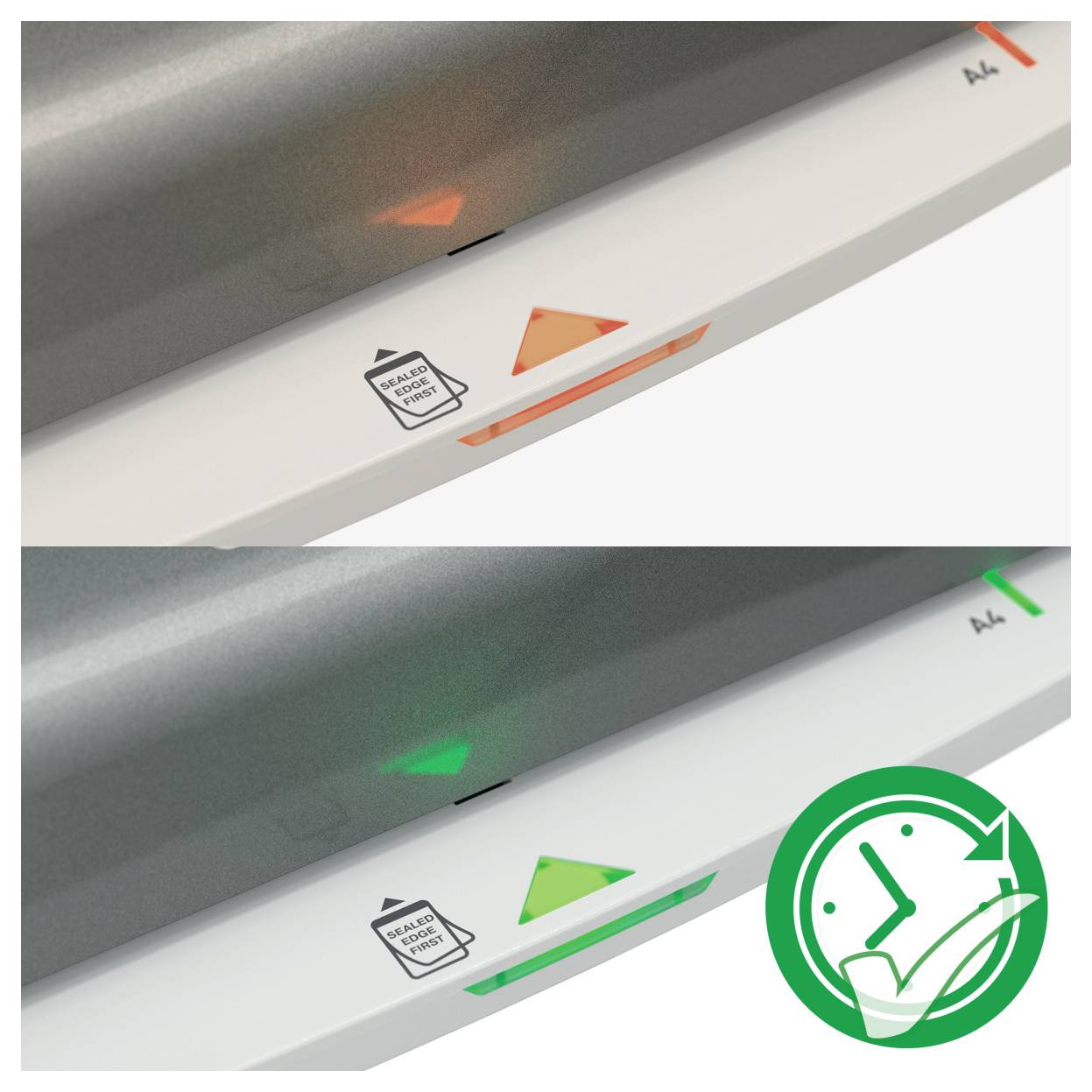 Dva detailní pohledy na indikátor stavu tiskárny. Nahoře je oranžový trojúhelník signalizující "Vyměňte toner". Dole je zelená ikona indikující "Připraveno k tisku".