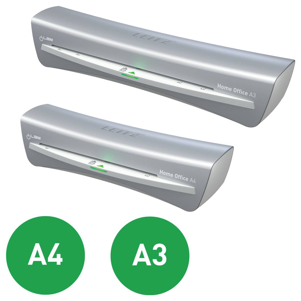 Dva kovové domácí laminátory Leitz, jeden označený 'A4' a druhý 'A3', se zelenými tlačítky napájení, na bílém pozadí.