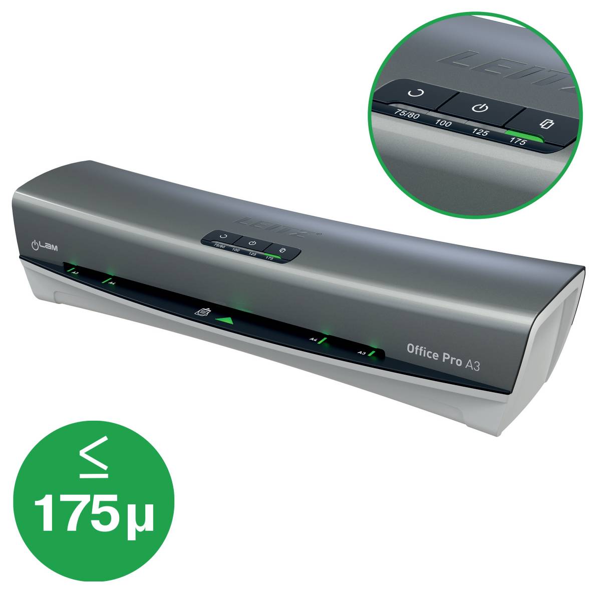 Stříbrný laminovací stroj označený "Office Pro A3" s tlačítky pro různá nastavení, obsahující detailní snímek kontrolního panelu a "≤ 175μ".