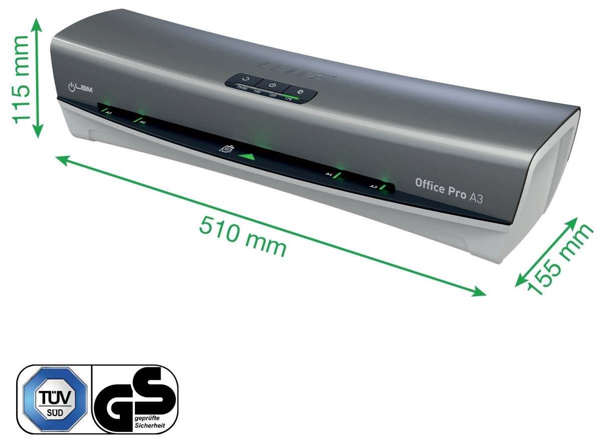 Šedý laminovací stroj označený "Office Pro A3" o rozměrech 510 mm na šířku, 115 mm na výšku a 155 mm na hloubku. Jsou přítomna loga TUV SUD a GS.