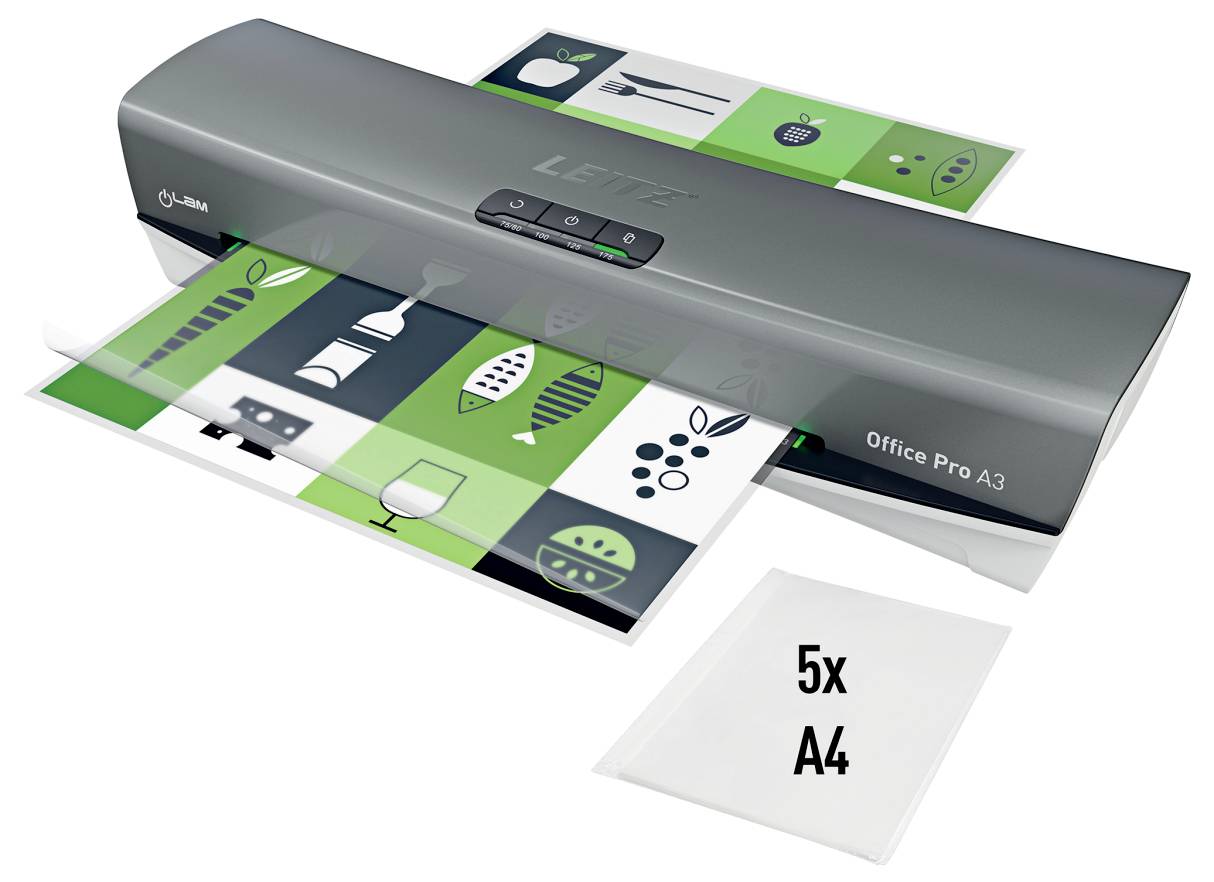 Laminovací stroj "Leitz Office Pro A3" s ovládacími prvky na horní straně. Dvěma barevnými listy procházejícími strojem, obsahujícími příbory a listy. Součástí balení je 5x laminovacích obálek formátu A4.