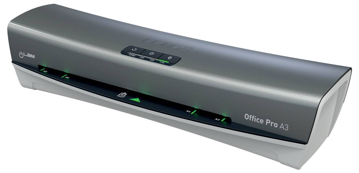 Elegantní, stříbrný laminovací stroj s označením „Office Pro A3" s digitálním displejem a tlačítky na horní straně, určený pro profesionální laminování.