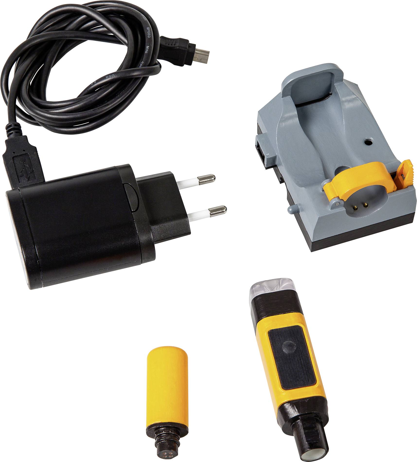 Součásti elektronického zařízení na bílém pozadí. Zahrnuje černý USB kabel s konektorem, dokovací stanici a dvě malé válcové části.