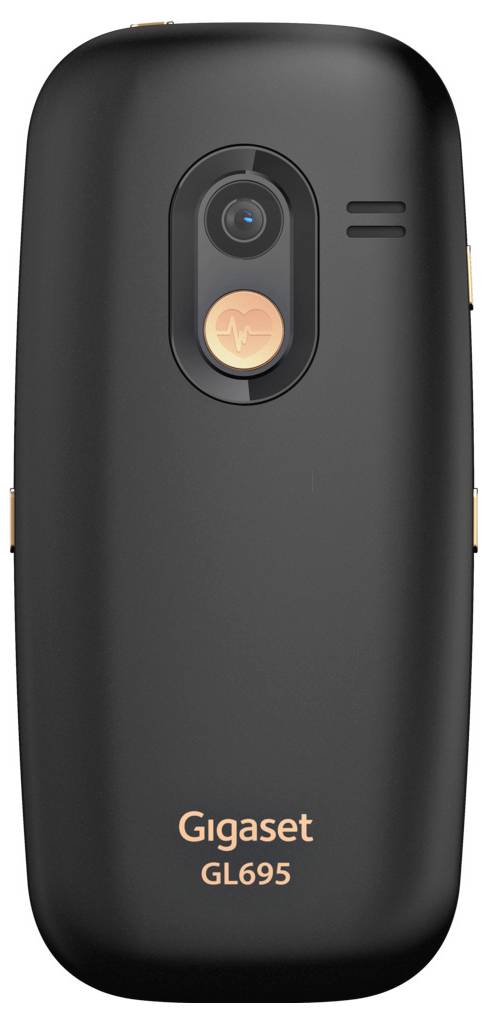 Černý skládací telefon s fotoaparátem a reproduktorem na zadní straně, označený „Gigaset GL695."