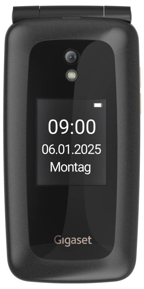 Sklopný telefon zobrazující čas „09:00", datum „06.01.2025" a den „Pondělí" na displeji, s fotoaparátem nad displejem.