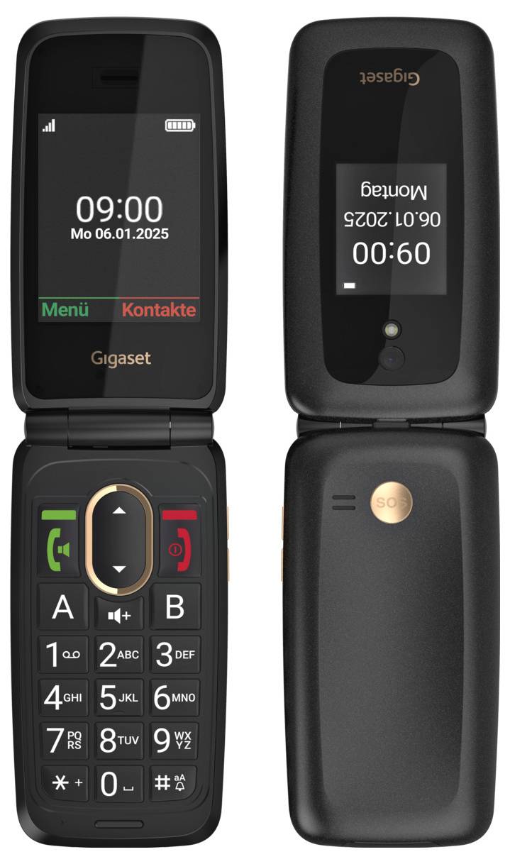 Černý prémiový mobilní telefon se skládacím mechanismem zobrazující čas 09:00 na vnějším displeji a 00:00 na vnitřním displeji, s tučným číselným klávesnicí a značkou "Gigaset".