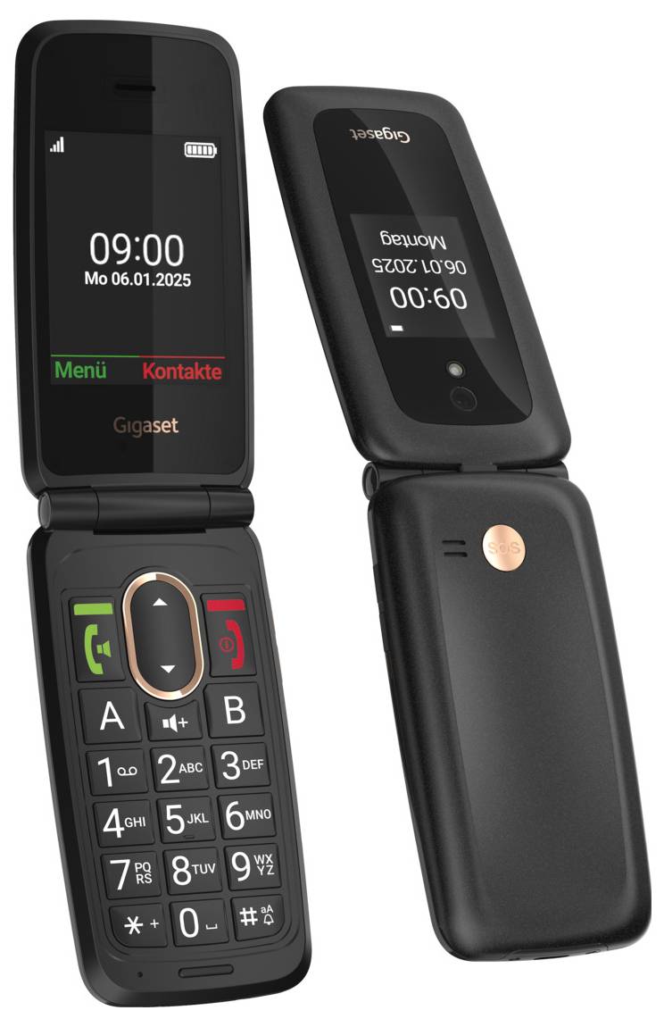 Telefon značky "Gigaset" v černé barvě s otevíracím mechanismem a velkým numerickým klávesnicí, pohled ze strany ukazující vnitřní a vnější displeje, oba zobrazující čas 09:00.