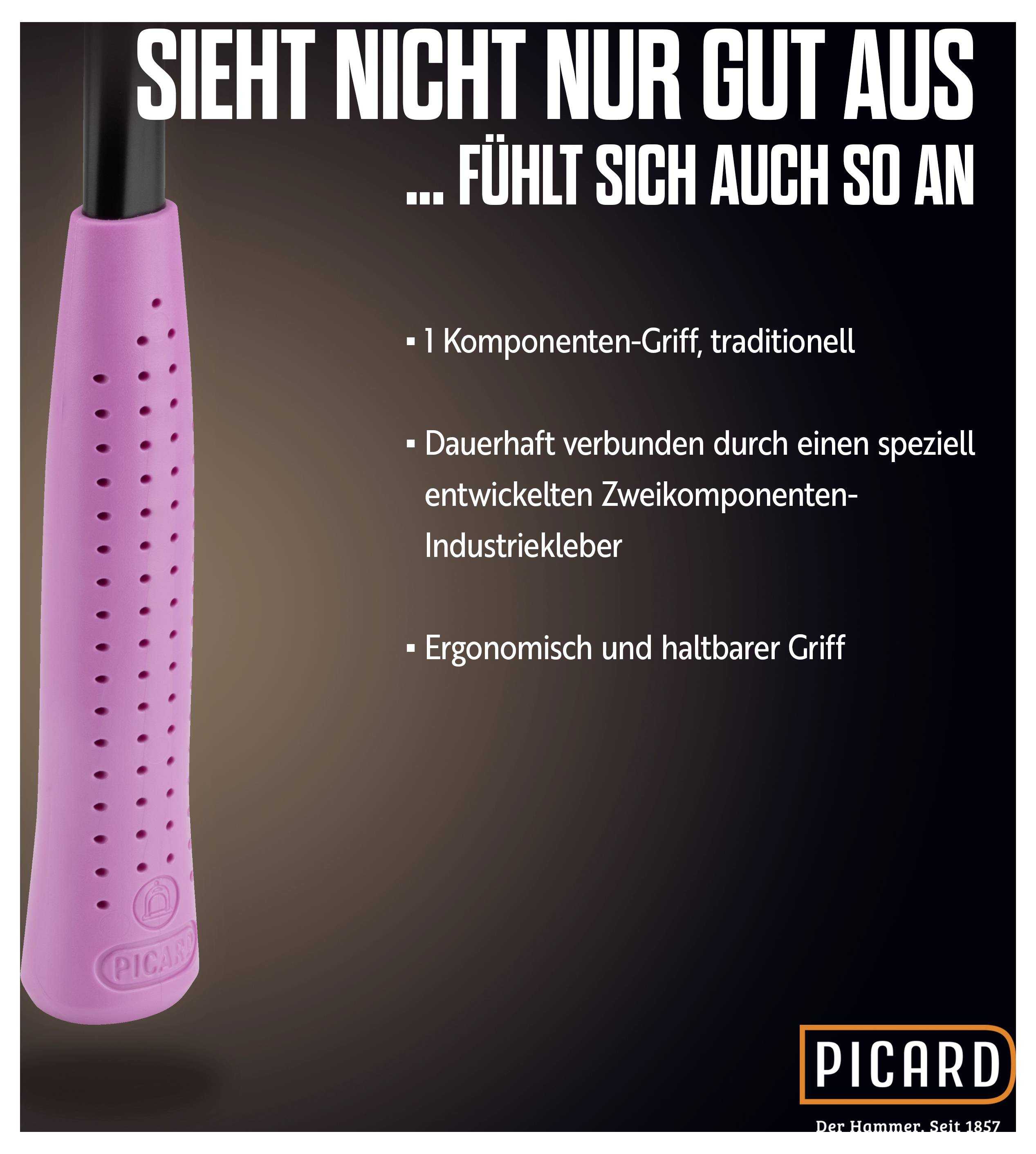 Růžová rukojeť nástroje s textem: "Nejen že vypadá skvěle... také se tak cítí." Jednokompozitní rukojeť, ergonomická.