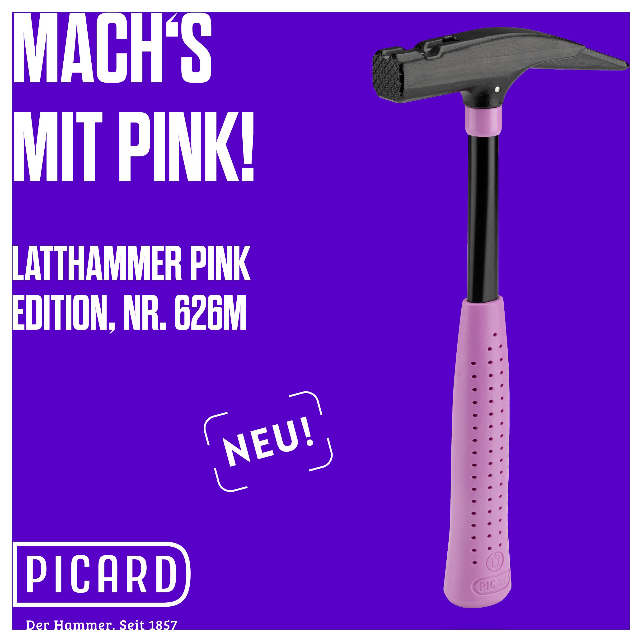Kladivo s černou hlavicí a růžovou rukojetí na fialovém pozadí. Text: 'Udělej to s růžovou!' 'Latthammer Pink Edition, č. 626M'.
