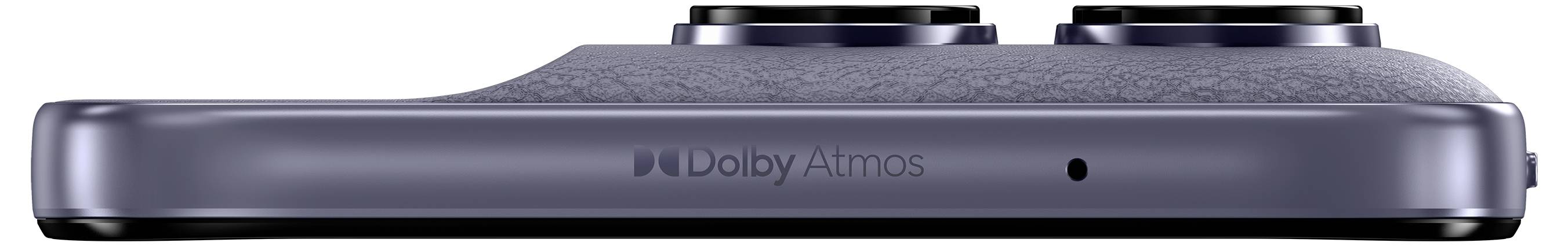 Boční pohled na elegantní elektronické zařízení zobrazující dvojitá kamera na horní straně; na okraji jsou vytištěna slova "Dolby Atmos".