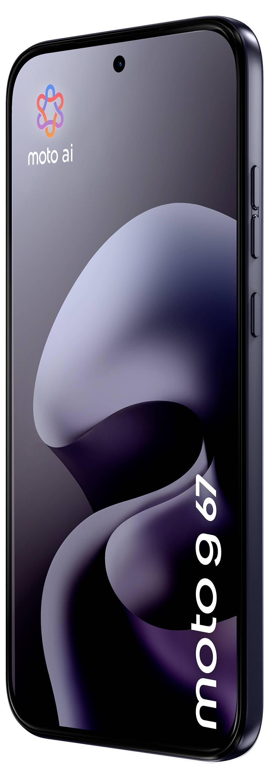 Zadní pohled na tmavě šedý smartphone Motorola se čtyřnásobným zadním fotoaparátem a logem Motorola.