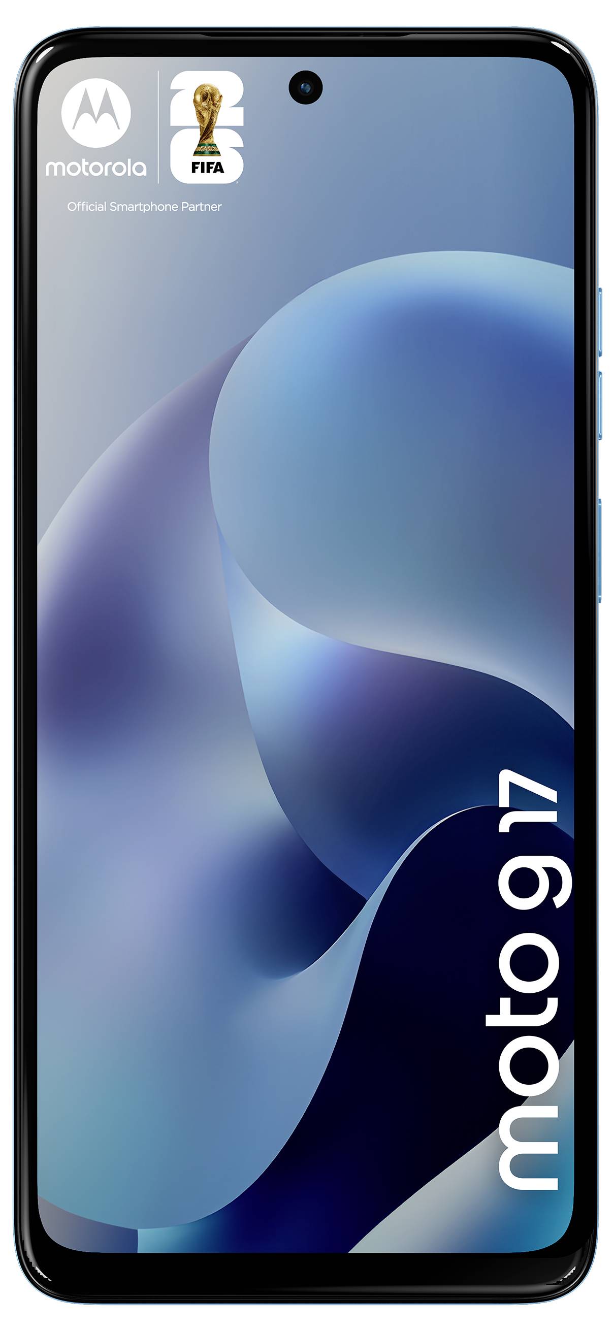 Smartphone s vypisem "moto g17" na modrém abstraktním pozadí. Je viditelné logo Motoroly a nápis "FIFA Official Smartphone Partner".