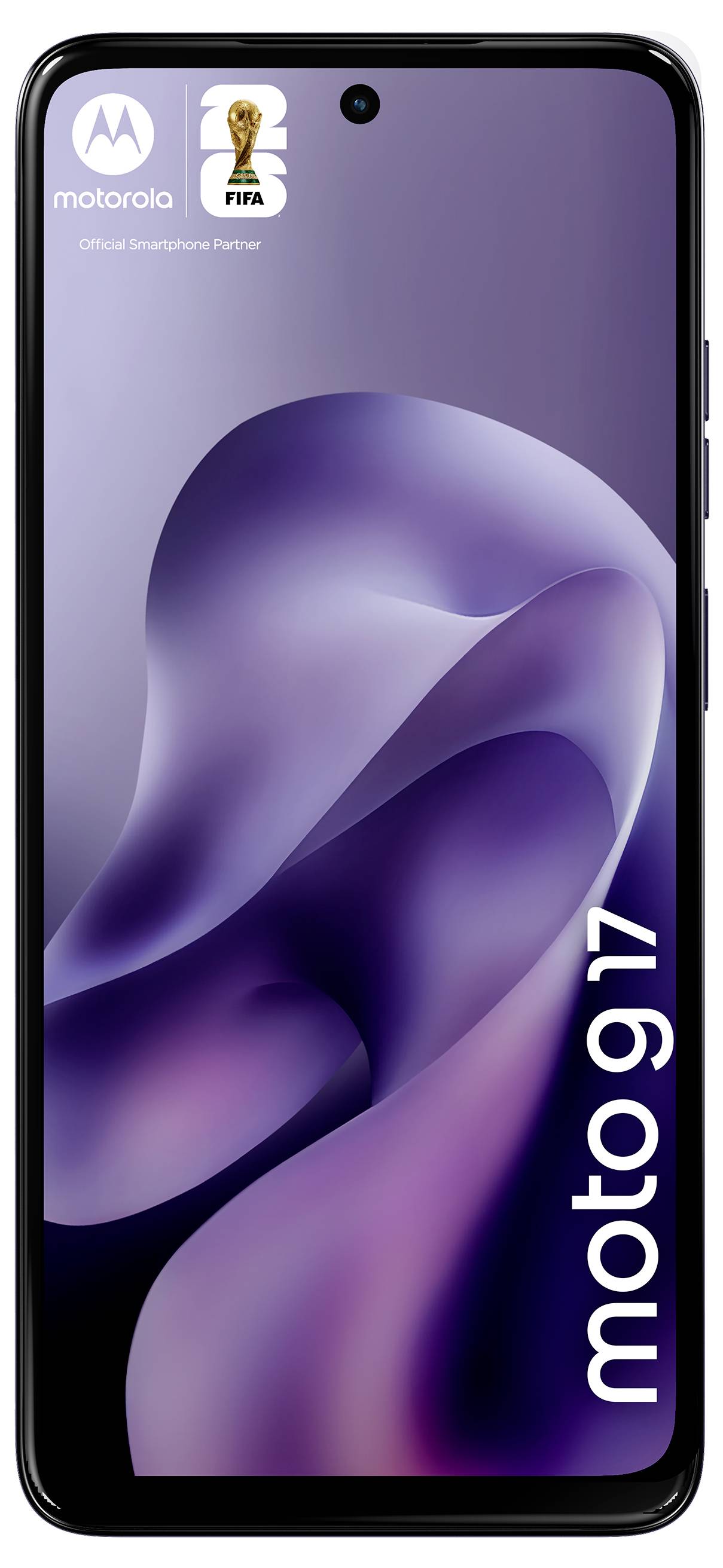 Motorola Moto G17 chytrý telefon se štíhlým, zakřiveným designem displeje a branding FIFA v horní části.