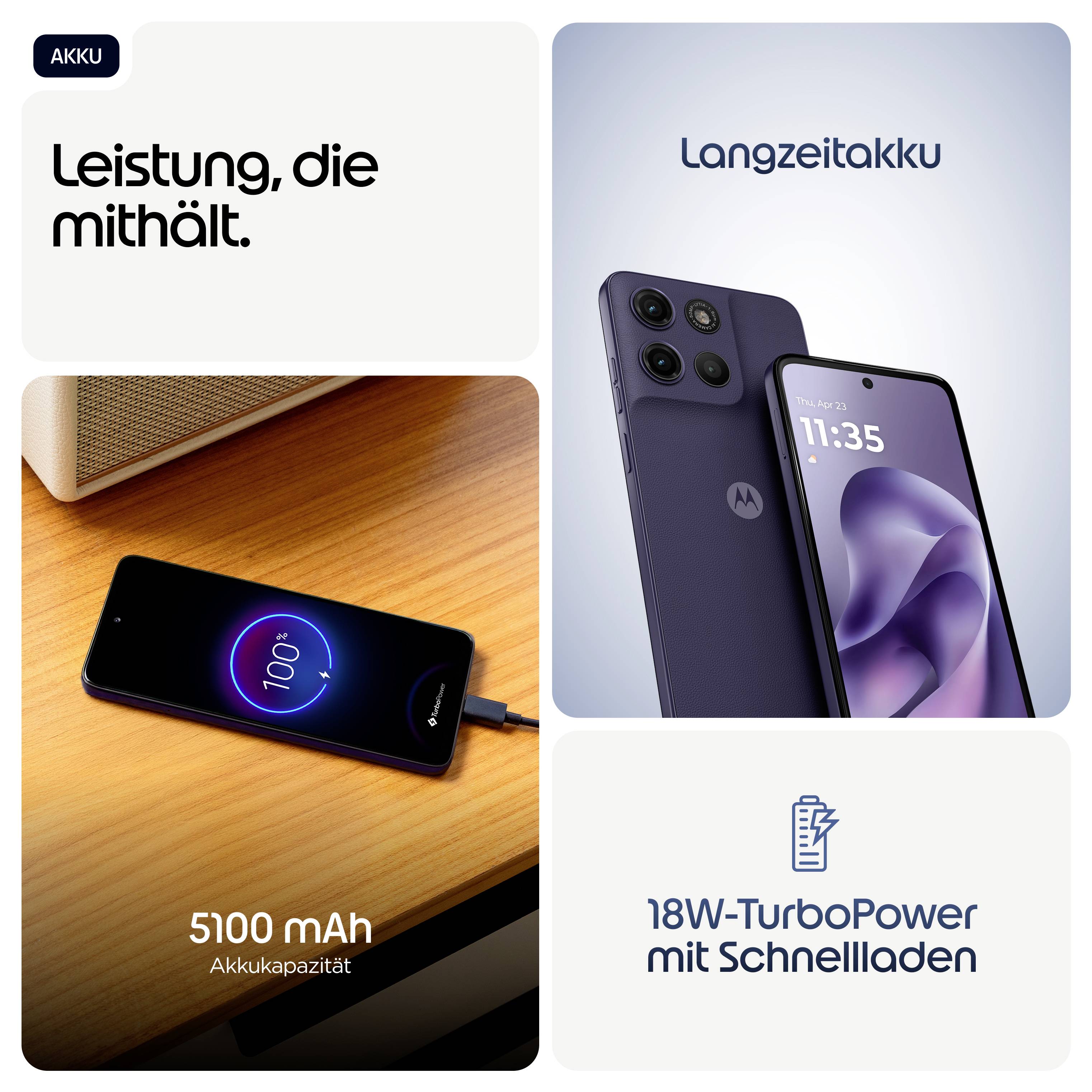 Smartphone s "dlouhodobou baterií", kapacita 5100 mAh. Zobrazení zařízení a obrazovka nabíjení. Text obsahuje "Výkon, který si podrží krok".