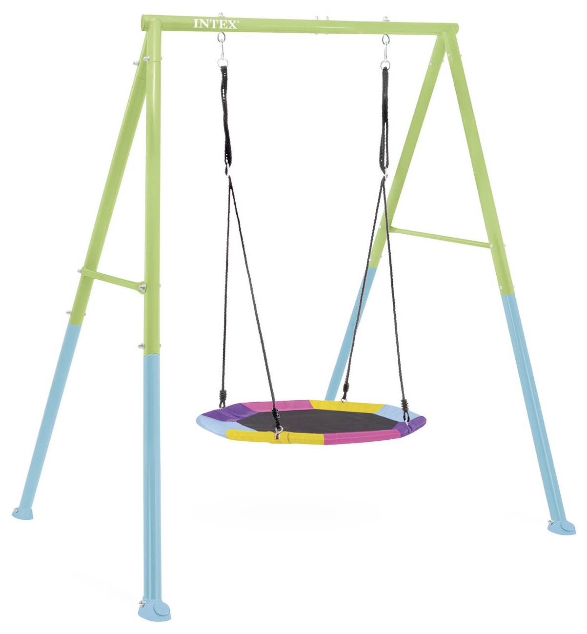 Dětská houpačka s barevným kulatým sedákem, podpořená zeleným a modrým kovovým rámem.