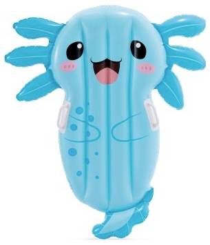 Modrý nafukovací bazénový plovák ve tvaru axolotla se úsměvem, růžovými tvářemi a malými bílými úchyty po stranách.