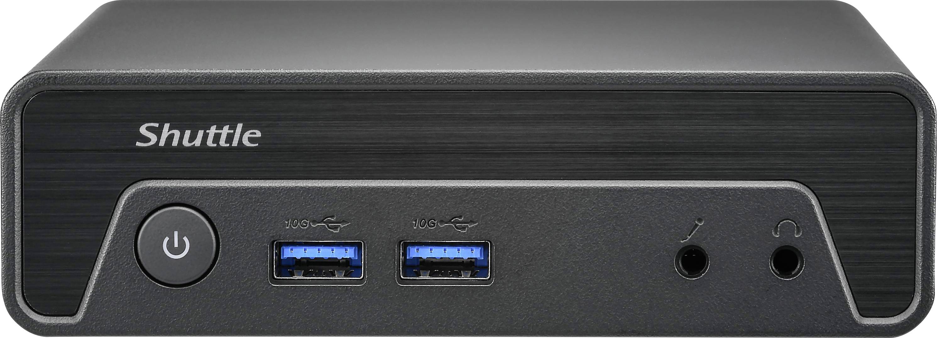 Kompaktní černý mini počítač od společnosti Shuttle s tlačítkem napájení, dvěma USB porty a dvěma audio jacky na přední straně, navržený pro efektivní výpočetní techniku.
