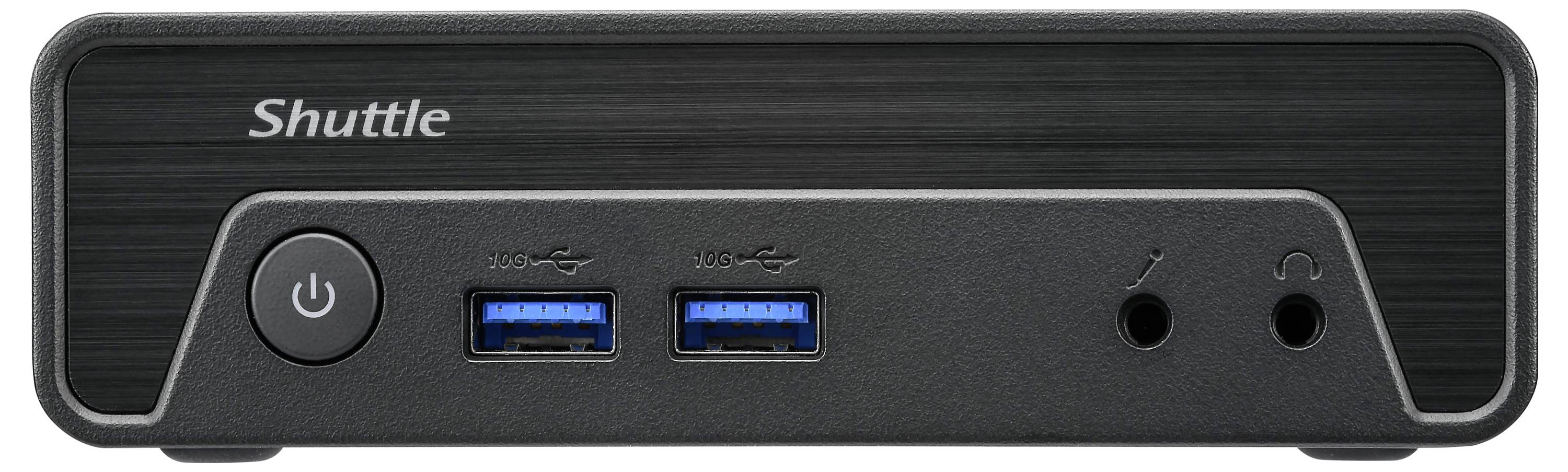 Přední pohled na kompaktní Shuttle mini PC se dvěma porty USB 3.0, tlačítkem napájení a audio jacky, vhodný pro univerzální výpočetní potřeby.