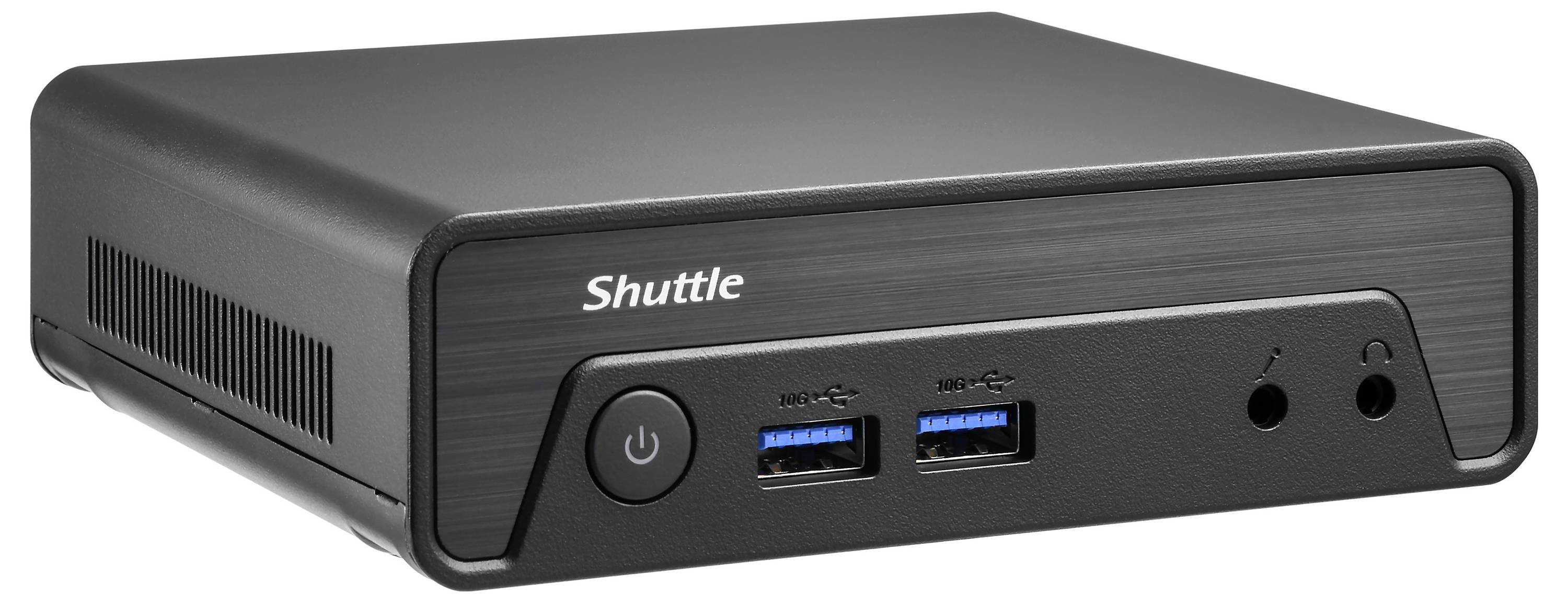 Kompaktní černý mini-PC s názvem značky "Shuttle" na přední straně, vybavený tlačítkem napájení, dvěma porty USB a audio porty.