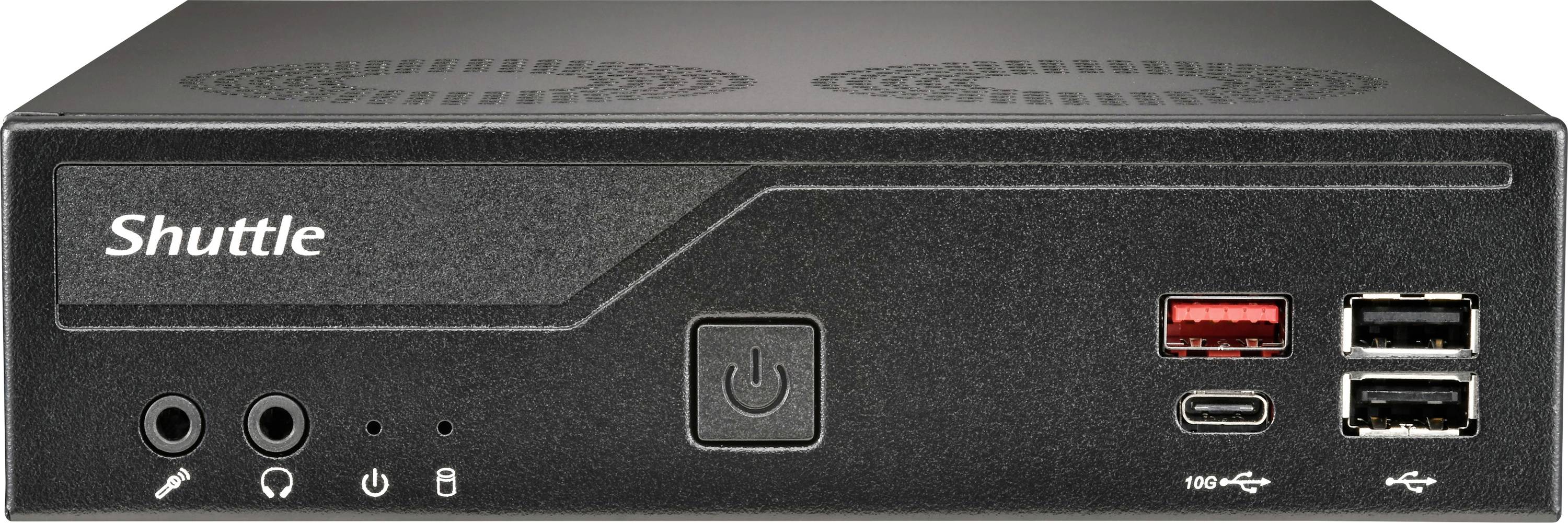 Kompaktní černá počítačová skříň značky "Shuttle" s tlačítkem napájení, konektory pro sluchátka a mikrofon, portem USB-C a několika porty USB.