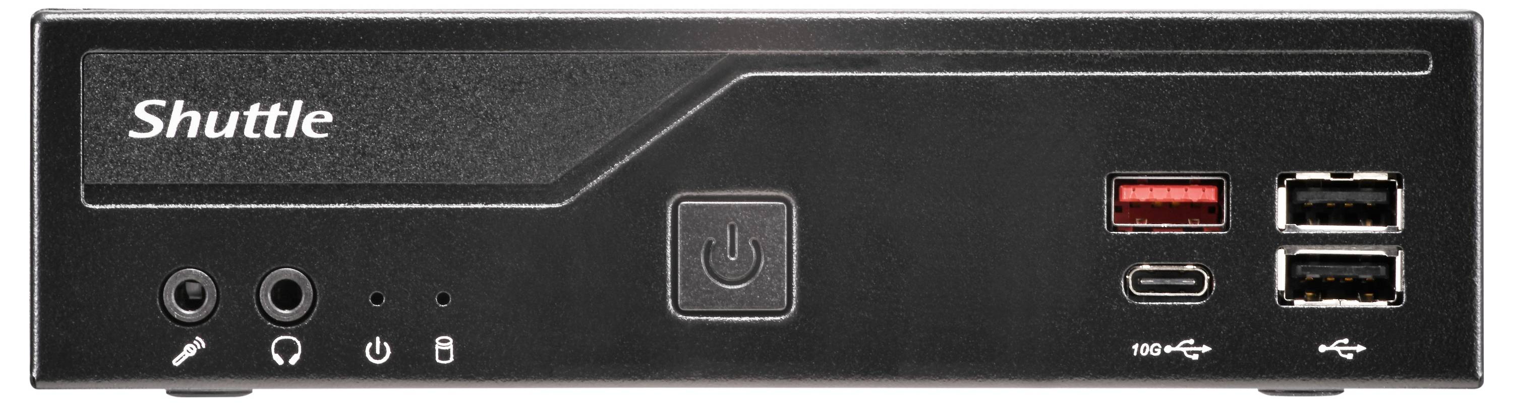 Kompaktní černá počítačová skříň s tlačítkem napájení, porty USB, audio jacky a logem "Shuttle" na přední desce.