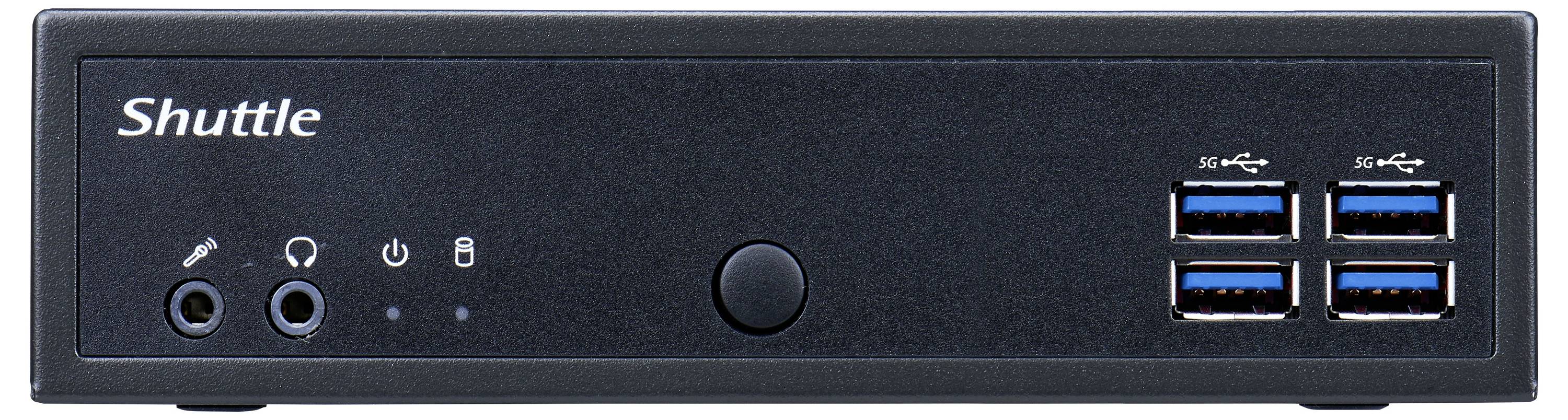 Kompaktní černá počítačová skříň Shuttle s porty USB, tlačítkem napájení a konektorem sluchátek na přední panel.
