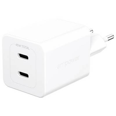 Bílá nástěnná nabíječka USB-C se dvěma porty označenými celkem 45W, s evropským typem zásuvky.