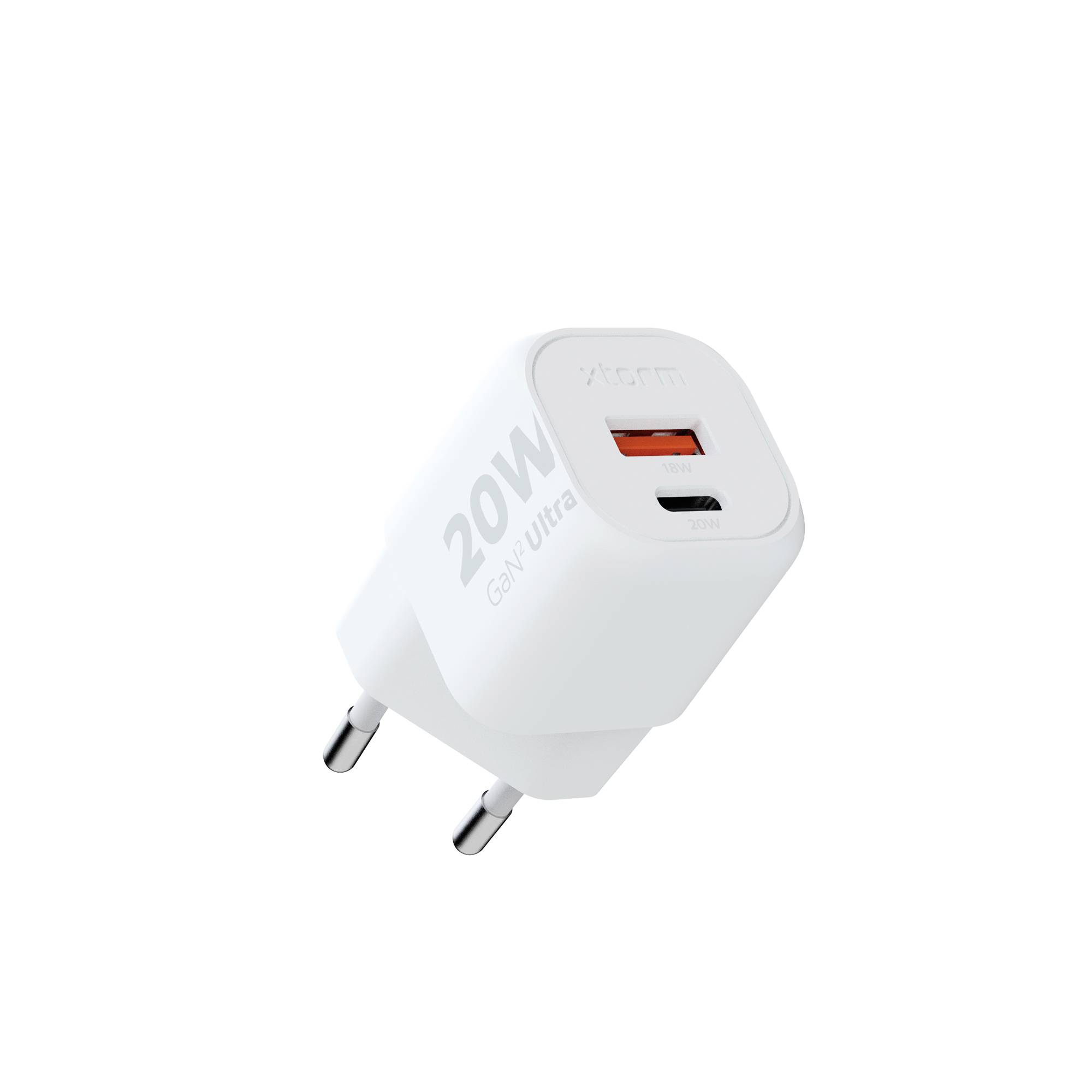 Bílý 20W GaN Ultra napájecí adaptér s portem USB-C a dvěma stříbrnými kontakty, určený pro rychlé nabíjení.