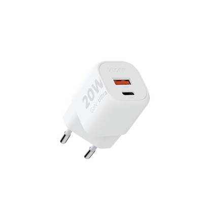Bílý 20W GaN Ultra napájecí adaptér s portem USB-C a dvěma stříbrnými kontakty, určený pro rychlé nabíjení.