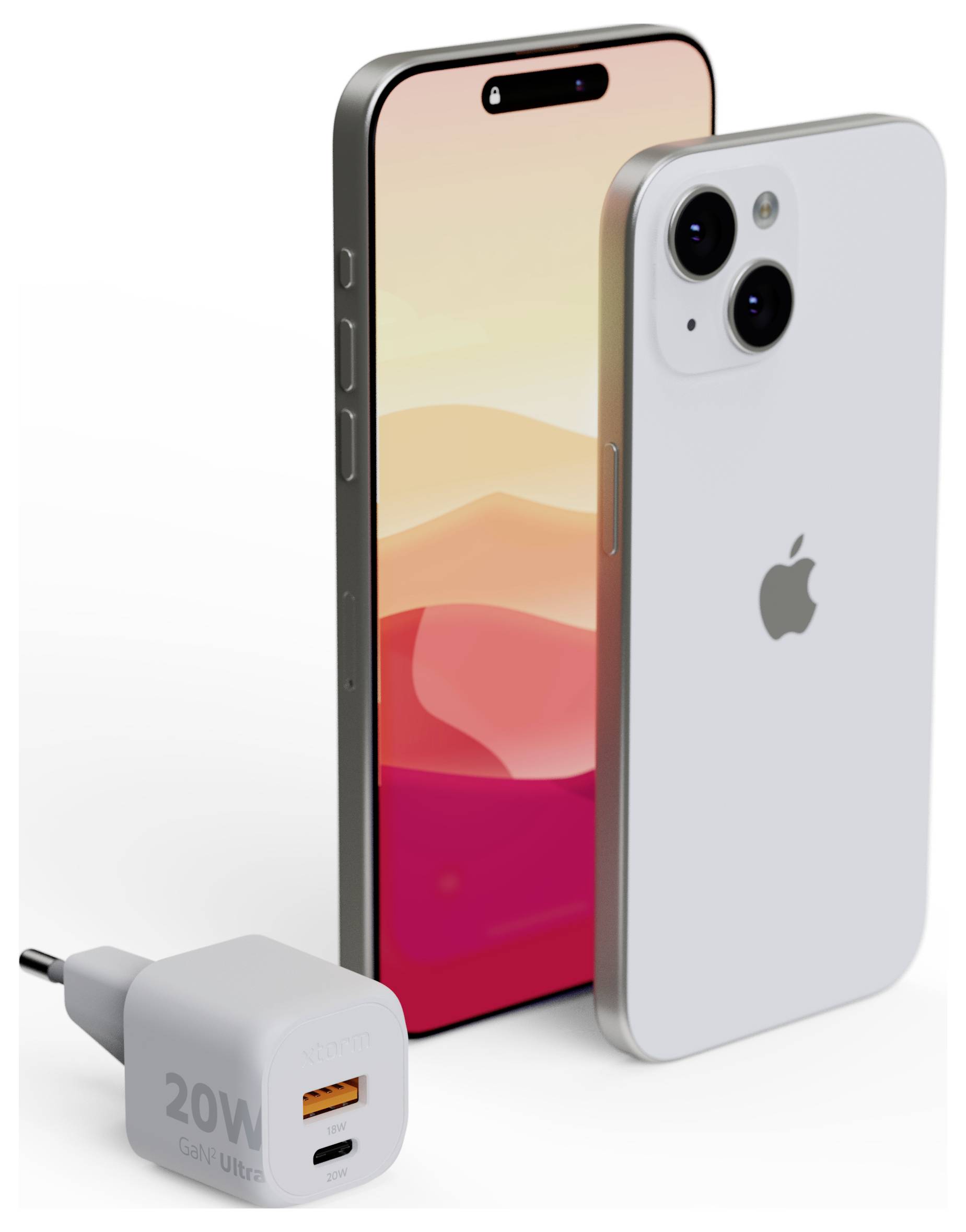 Stříbrný smartphone stojící vedle nabíjecího adaptéru, prezentující přední displej s živavou gradientní tapetou a duálními zadními fotoaparáty.