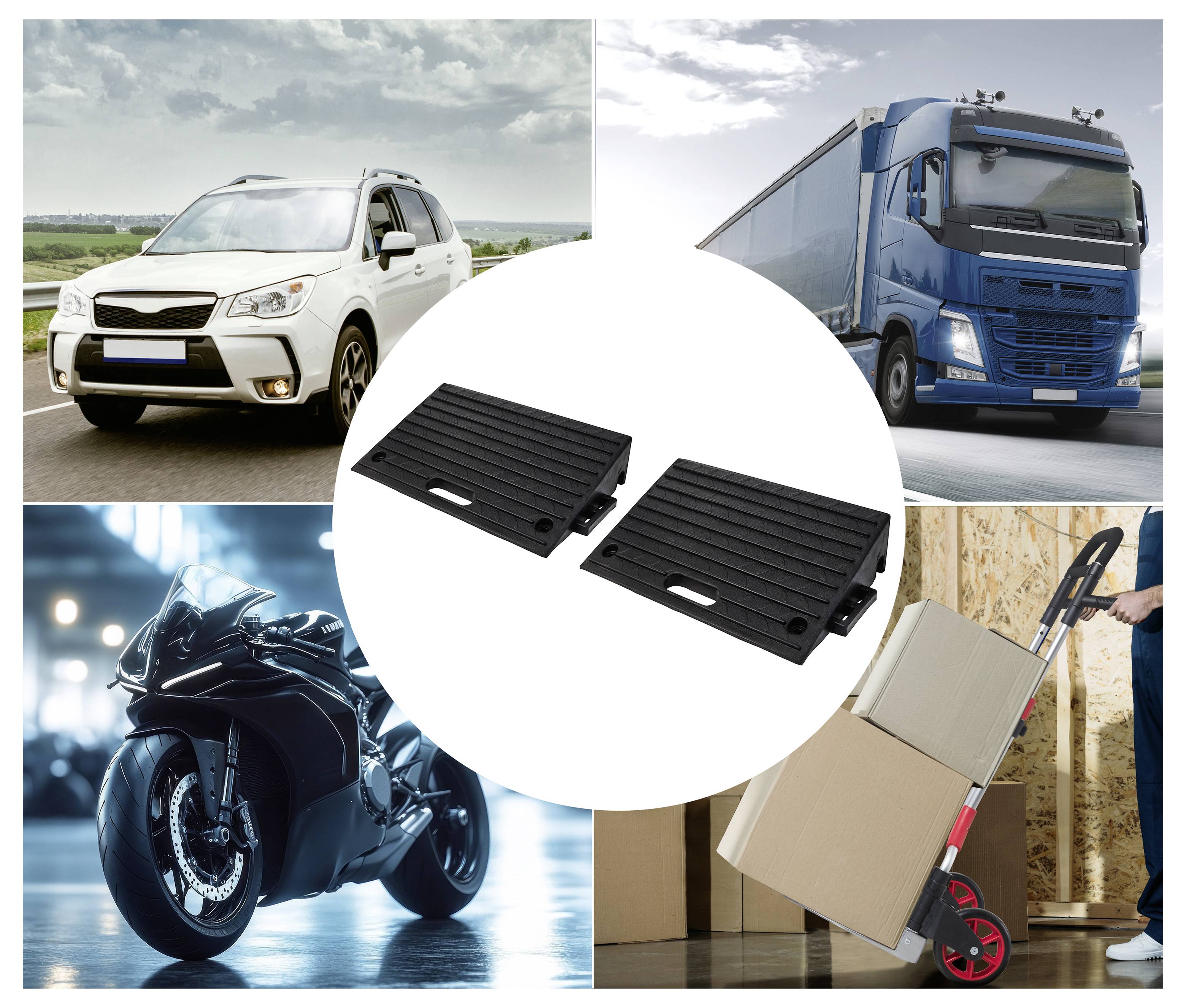 Dvě černé skládací ruční přepravní rampy zobrazené jako produkt, s vozidly, motocyklem a přenosem ilustrujícím použití pro dopravu a nakládání.