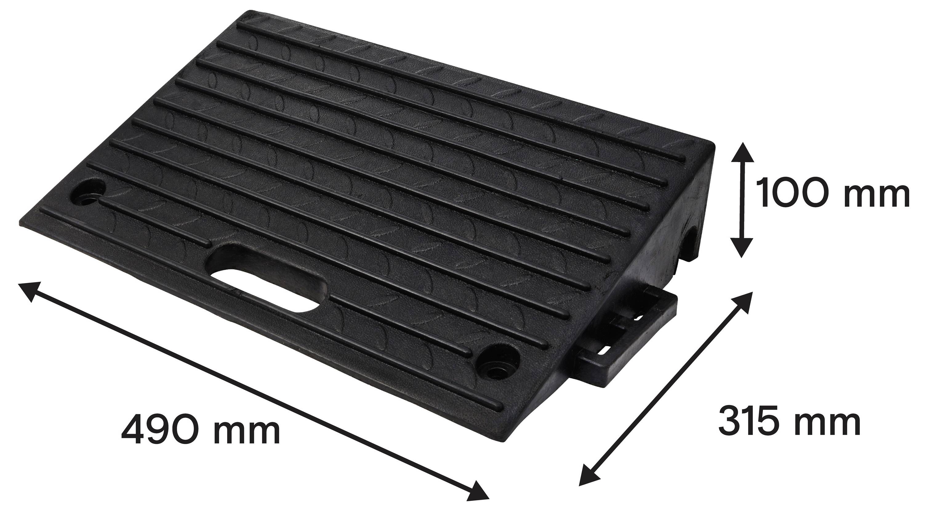 Černý obdélníkový gumový klinový blok s drážkami, rozměry označeny 490 mm dlouhý, 315 mm široký a 100 mm vysoký.