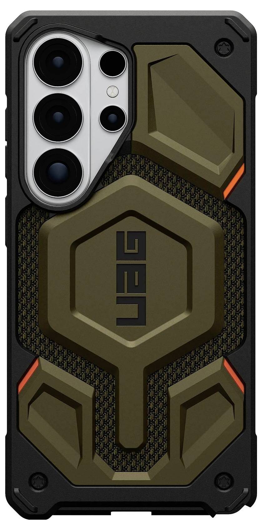 Odolné pouzdro na telefon s geometrickým designem, kovovými akcenty a brandingem "UAG", které vykazuje výřez pro fotoaparát vícečetné objektivy telefonu.
