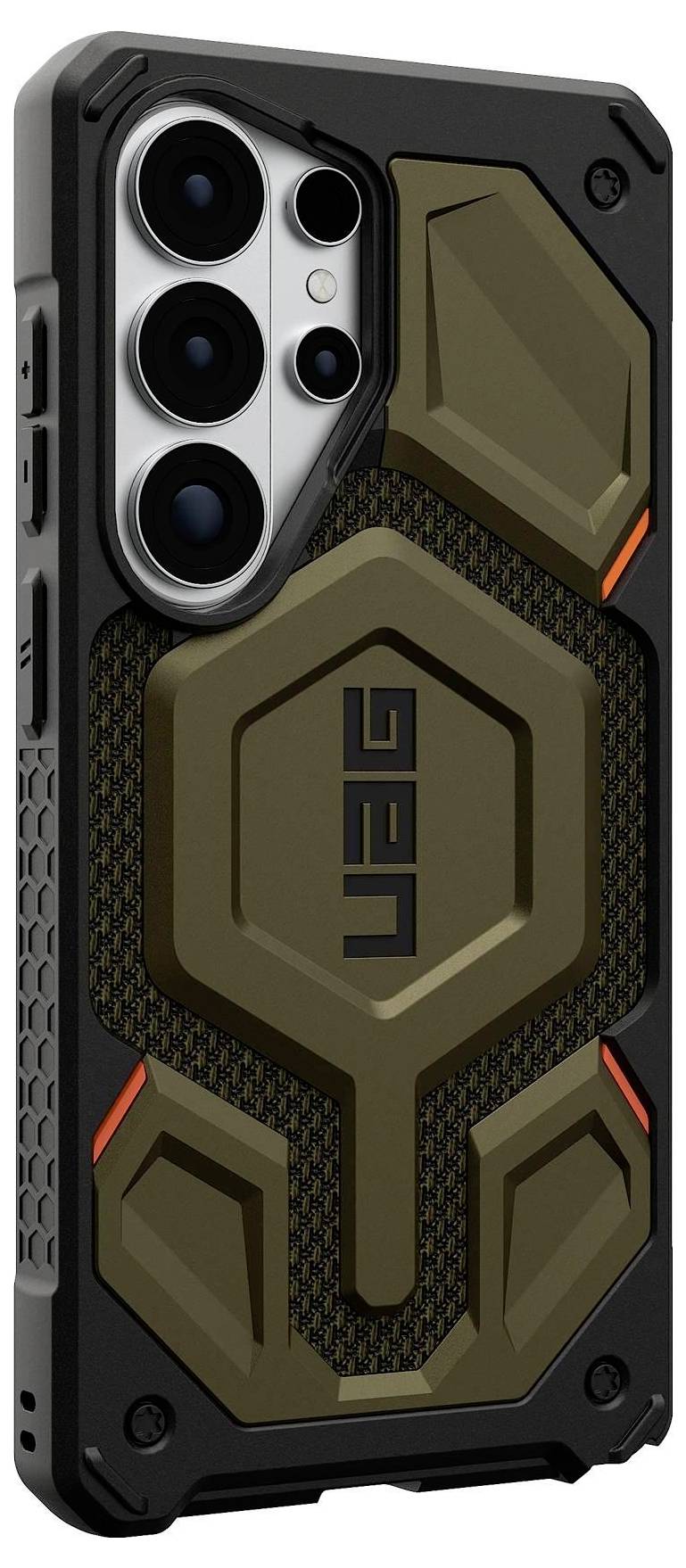 Smartphone s průhledným pouzdrem zobrazující tmavý, abstraktní design obrazovky. Je vidět z úhlu, který zvýrazňuje boční stranu a obrazovku.