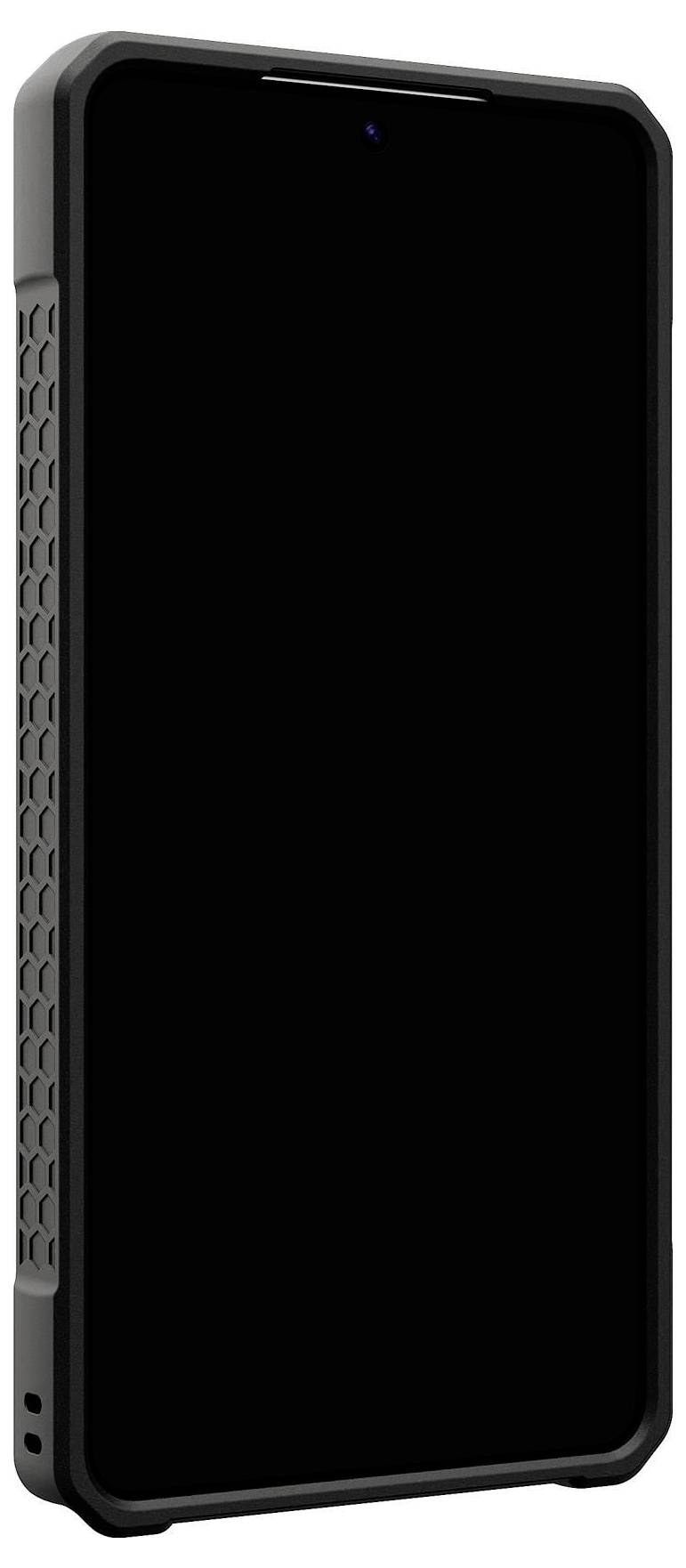 Černý smartphone s texturovaným ochranným pouzdrem, zobrazený z přední strany, obrazovka vypnutá.
