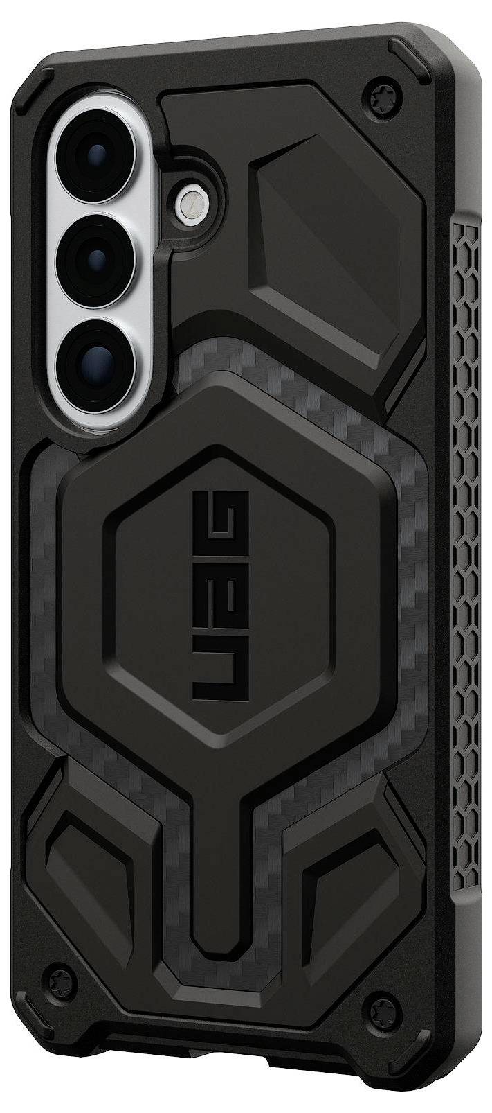 Odolný kryt na smartphone s šestihranným designem, strukturovaným povrchem a zesíleným rozhy, navržený pro odolnost a ochranu.