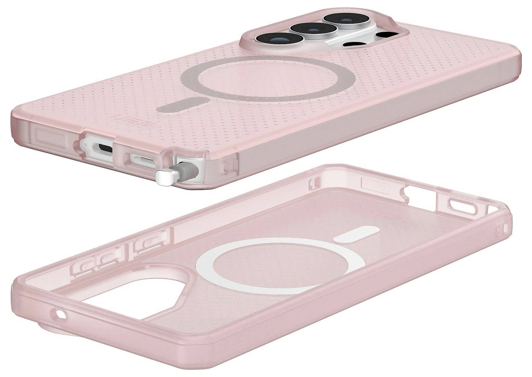 Dva růžové obaly na mobilní telefon s výřezy pro fotoaparát a kulatým designem na zadní straně, zobrazené z přední a zadní strany.