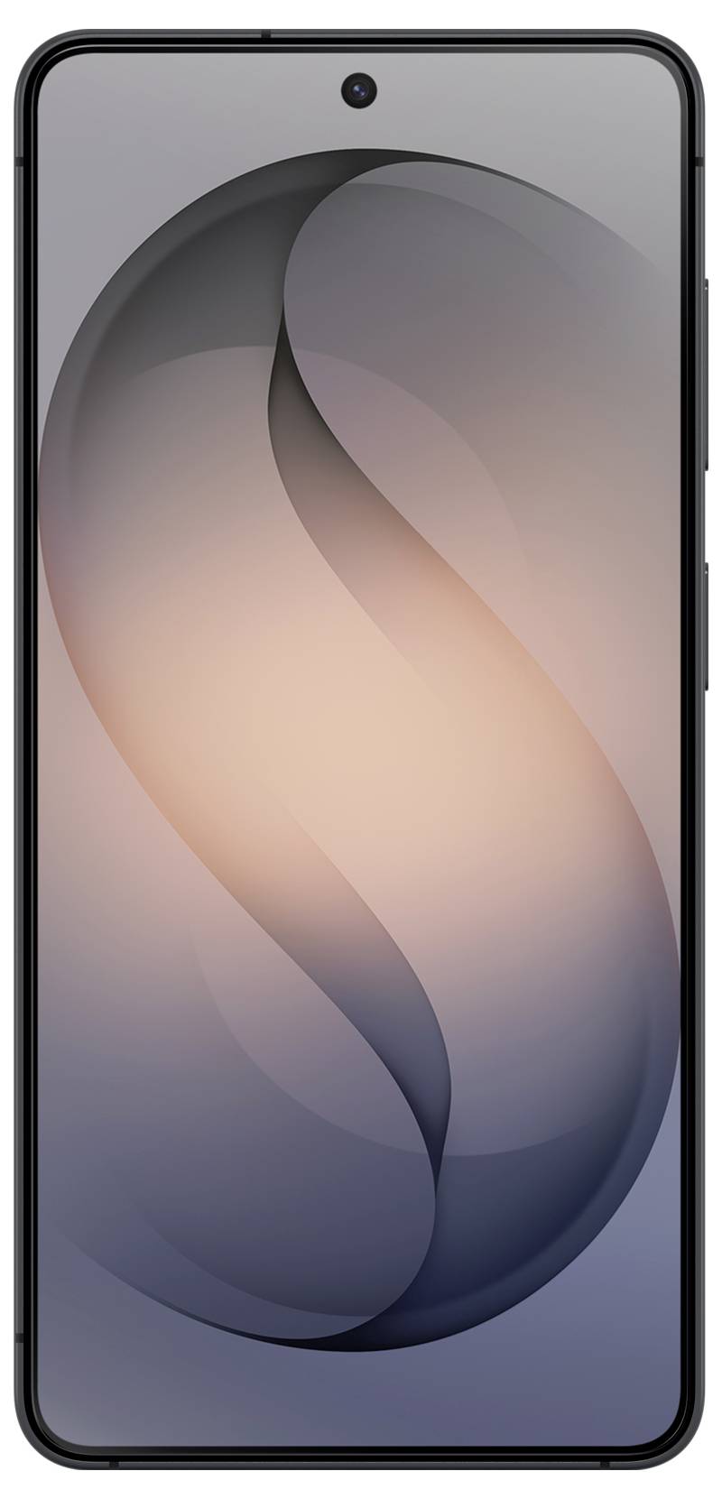 Přední pohled na chytrý telefon s centrovanou dírkovou kamerou a abstraktní přechodovou tapetou.