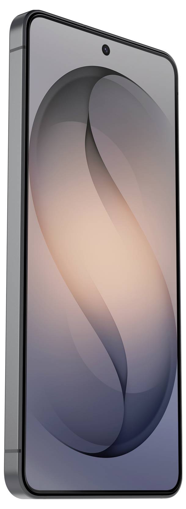 Moderní chytrý telefon zobrazený v přední pohledu s reflektivní abstraktní tapetou a středově umístěným otvorem pro přední kameru v horní části.