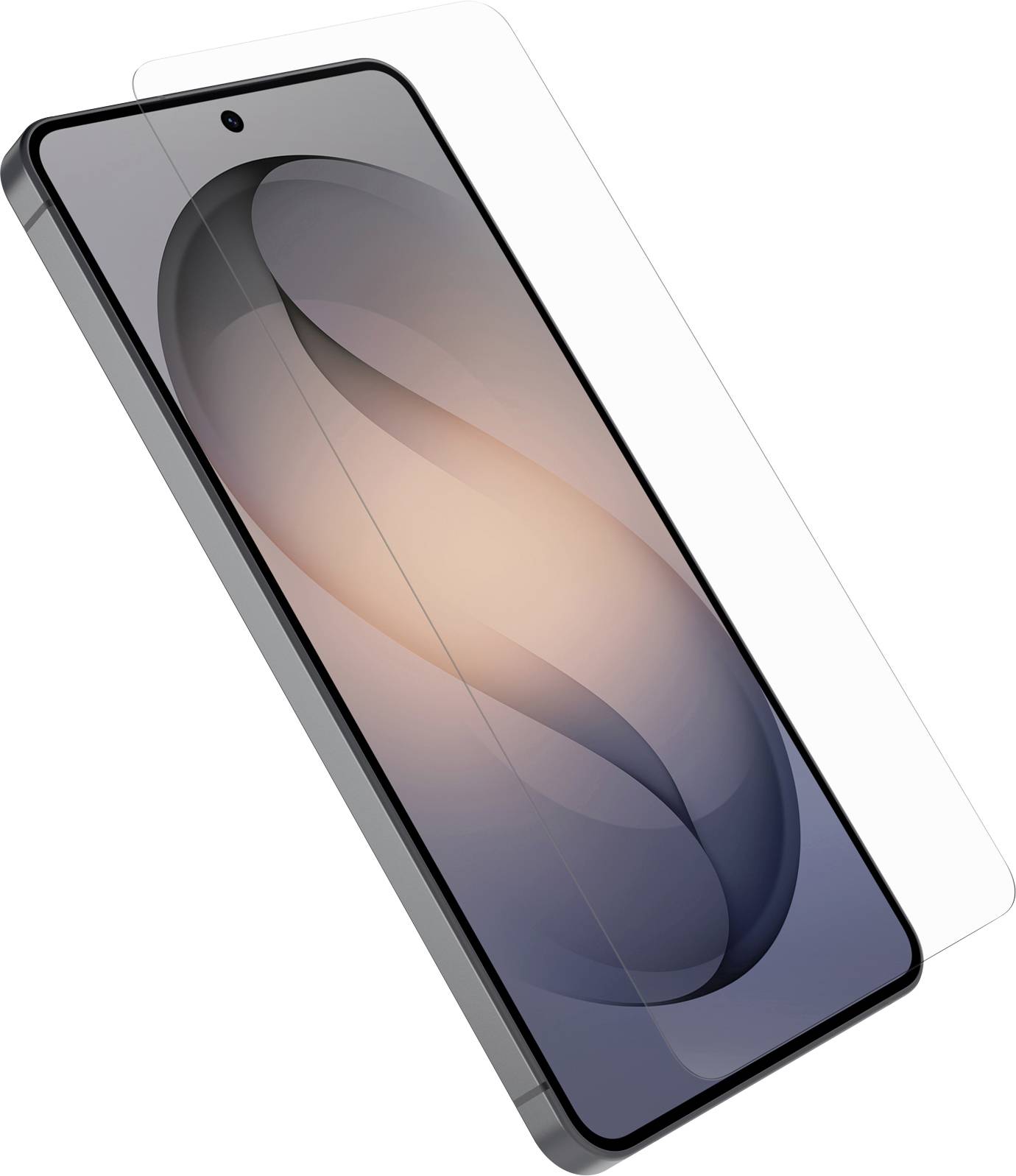 Smartphone zobrazený pod úhlem s průhlednou ochrannou vrstvou nebo pouzdrem zarovnaným přes něj na bílém pozadí.