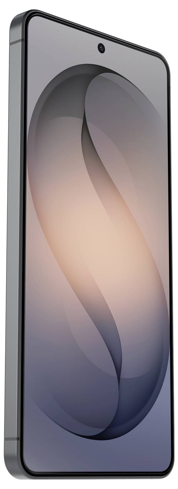 Přední pohled na elegantní šedý smartphone s velkým displejem sahajícím až k okrajům, na kterém je zobrazena abstraktní tapeta v růžové a modré barvě.