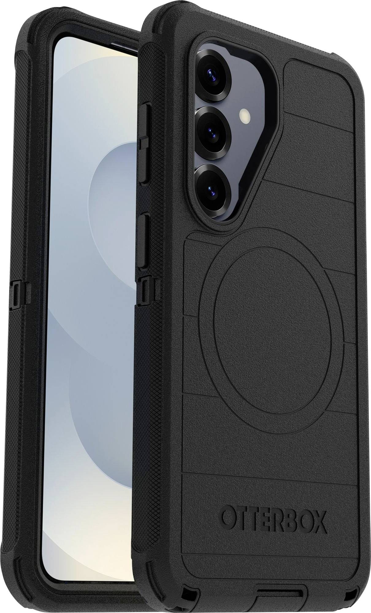 Černý pouzdro Otterbox na telefon s kruhovým vzorem, vytvořené pro ochranu, na modelu chytrého telefonu s zakřiveným displejem.