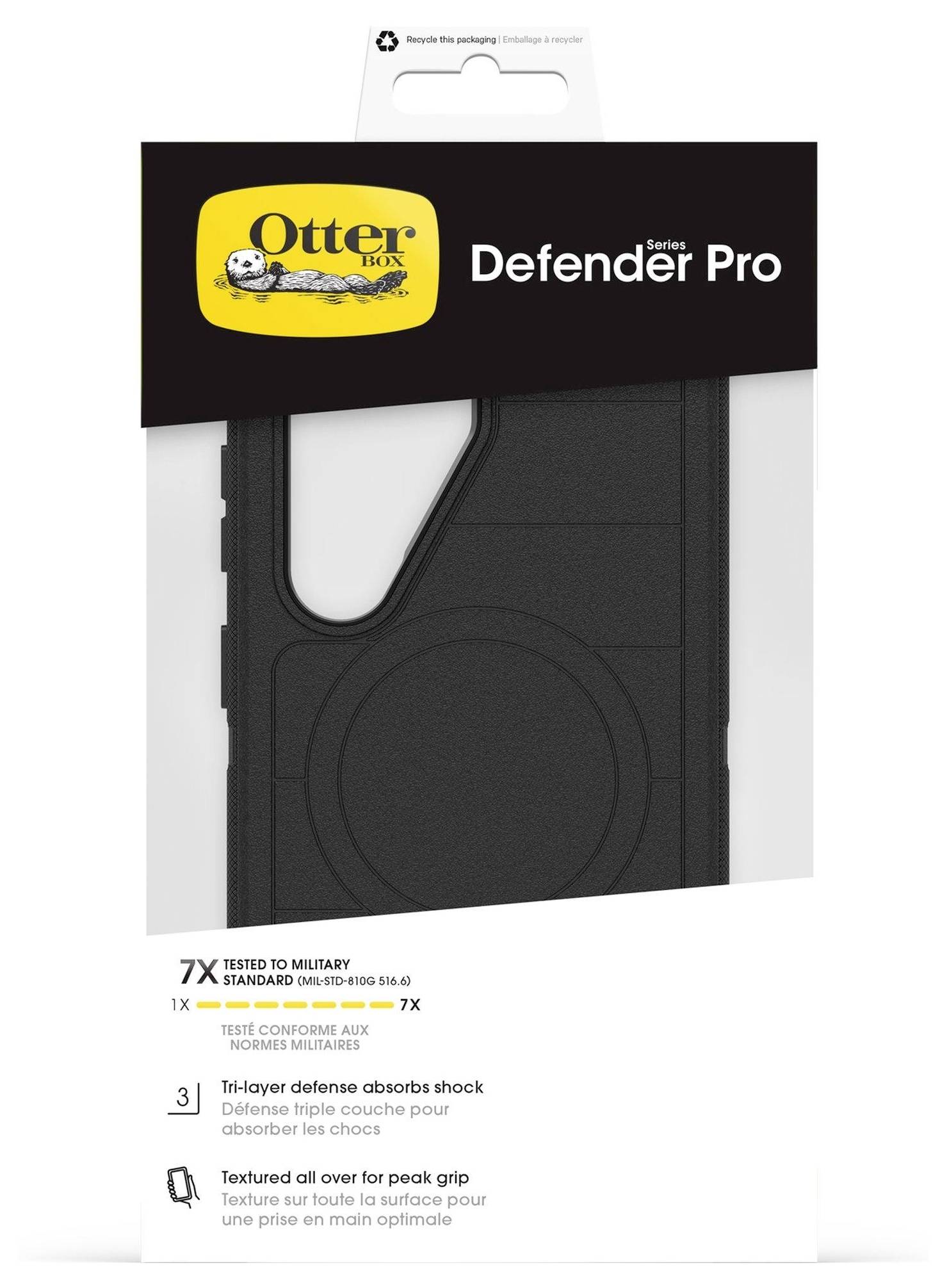 Balení pouzdra na telefon 'OtterBox Defender Pro' zobrazující černé ochranné pouzdro s informacemi o vojenské třídě trvanlivosti a absorpci nárazů.