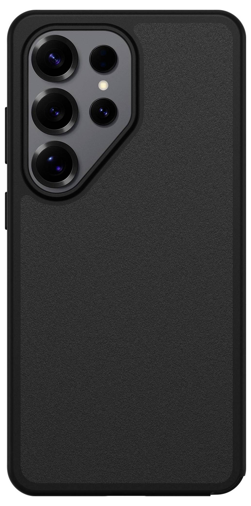 Černý kryt telefonu s výřezem pro fotoaparát zobrazující pět otvorů čoček. Minimalistický design s textovaným povrchem.