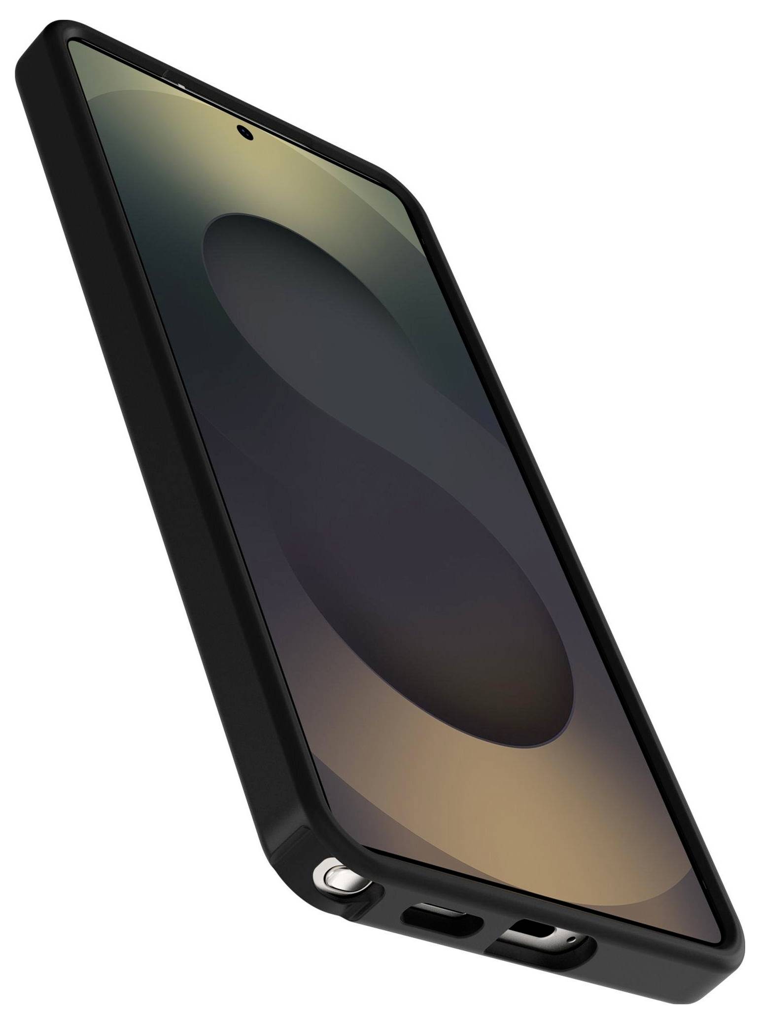 Černý smartphone v ochranném pouzdru je nakloněn směrem nahoru doleva a zobrazuje prázdnou obrazovku se jemným vzorem stínu.