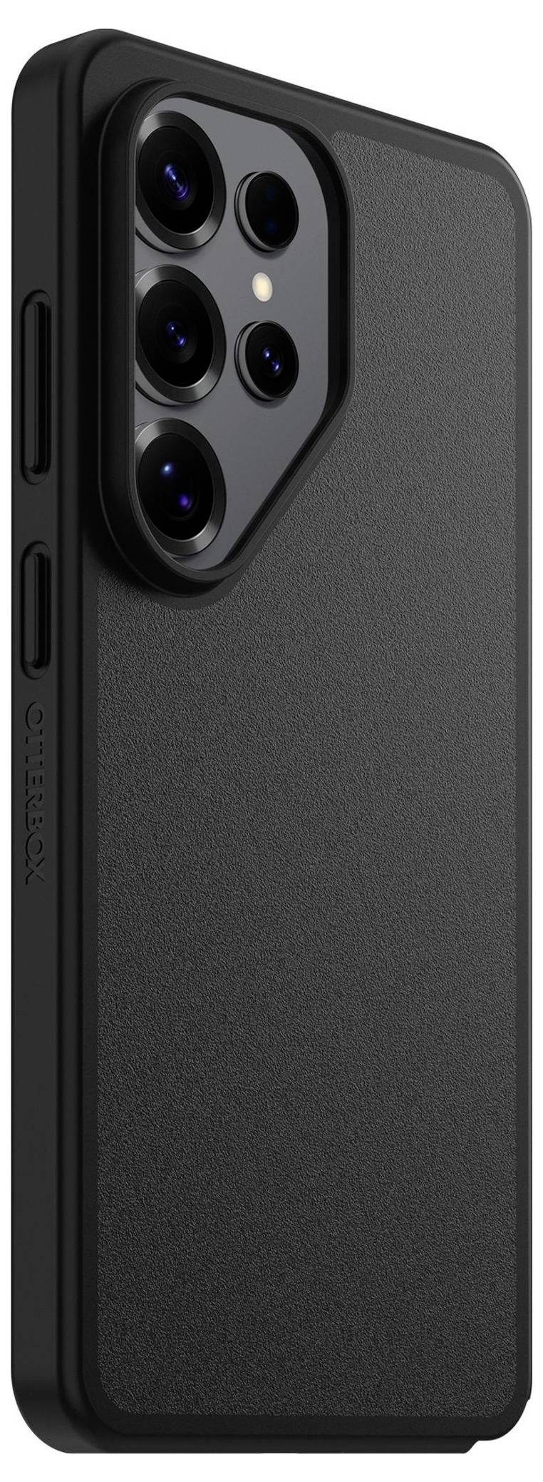 Černý kryt smartphone s přesnými výřezy pro fotoaparátové čočky, tlačítka a porty, prezentující elegantní a minimalistický design.