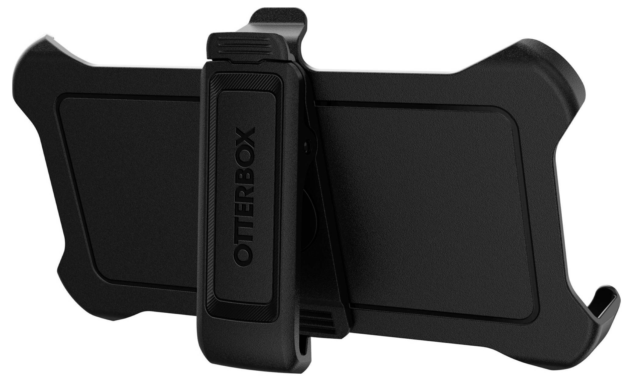 Černé pouzdro na mobilní telefon s klipem na pás, značky 'Otterbox', navržené tak, aby bezpečně drželo a chránilo telefon.