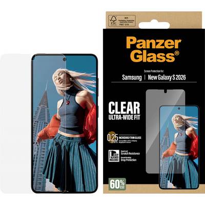Ochranné sklo "Panzer Glass" pro Samsung Galaxy S 2026, obsahující transparentní ochranné sklo a obrázek ženy v pohybu.