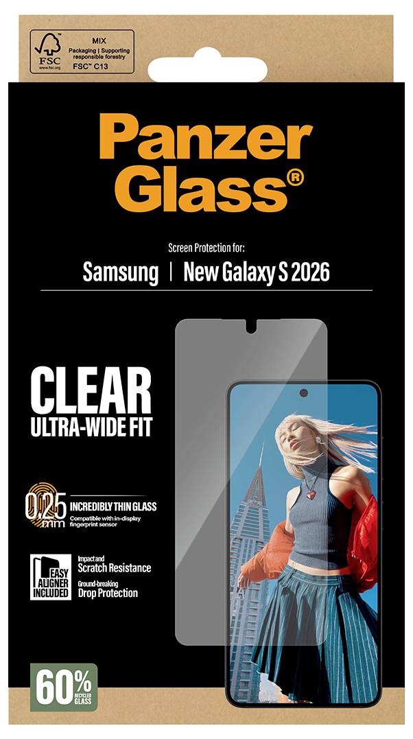 Obal ochranného skla na displej „Panzer Glass" pro Samsung Galaxy S2026, obsahující ultraširokého skla s tloušťkou 0,25 mm a odolností proti poškrábání.
